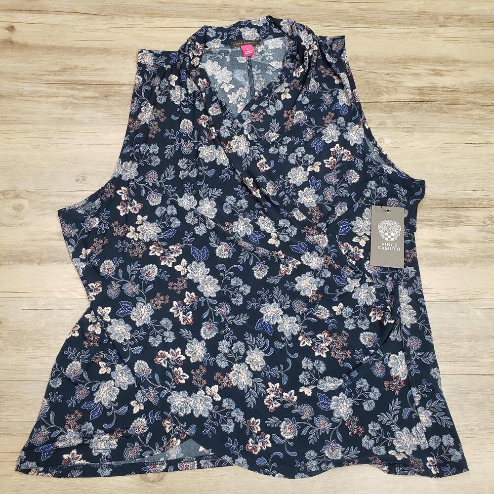 Vince Camuto Blouse Womens Large Blue Floral Sleeveless V Neck Simple Style Top